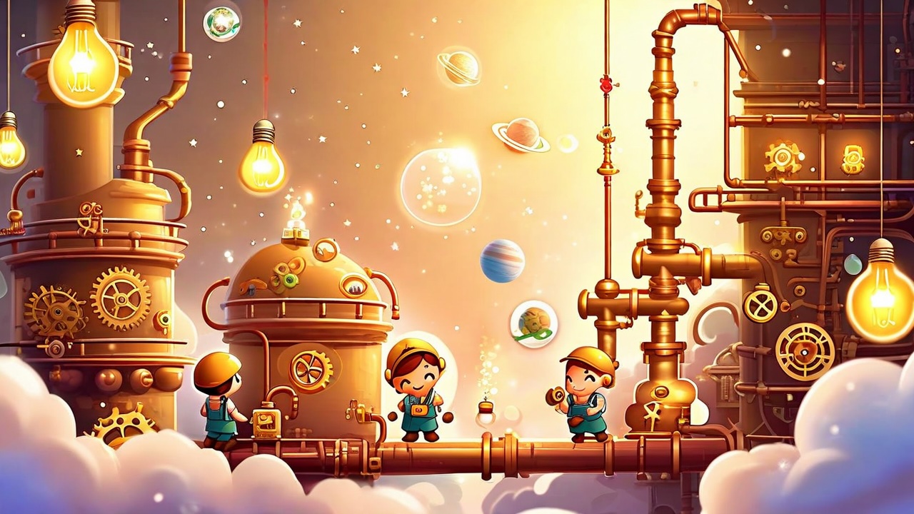 Whimsical steampunk factory scene with cartoon workers operating brass machinery among clouds and stars