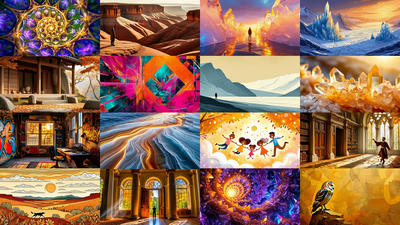 A diverse collage of 16 vibrant digital artworks arranged in a 4x4 grid, featuring: ornate golden mandalas with purple gems, desert landscapes with towering rock formations, figures standing before glowing crystal portals and icy caverns, colorful geometric abstract patterns in magenta and orange, serene mountain and lakeside scenes, traditional Asian architecture with autumn leaves, graffiti-covered storefronts, flowing abstract water designs with golden swirls, playful illustration of children in clouds, grand library interiors with arched windows, minimalist line drawings of landscapes with animals, and cosmic nebula scenes with bright energy centers. The collection showcases a mix of digital art styles including surrealism, abstract design, landscape art, and whimsical illustrations predominantly featuring warm golden tones, vibrant purples, and cool blues.