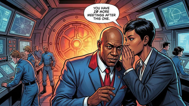 In a Marvel comic-style recreation of the nucleological center from *The Fifth Element*, a futuristic command hub features glowing orange controls and blue monitoring stations. A man in a blue suit with a red tie grimaces as a woman leans in to whisper to him, with a speech bubble reading 'You have 19 more meetings after this one.' Behind them, several crew members in blue uniforms work at stations, while a large illuminated circular portal or control interface dominates the center wall with its warm orange glow. The scene captures the iconic sci-fi aesthetic of the original setting, reimagined in bold comic book art style.