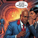 In a Marvel comic-style recreation of the nucleological center from *The Fifth Element*, a futuristic command hub features glowing orange controls and blue monitoring stations. A man in a blue suit with a red tie grimaces as a woman leans in to whisper to him, with a speech bubble reading ‘You have 19 more meetings after this one.’ Behind them, several crew members in blue uniforms work at stations, while a large illuminated circular portal or control interface dominates the center wall with its warm orange glow. The scene captures the iconic sci-fi aesthetic of the original setting, reimagined in bold comic book art style.