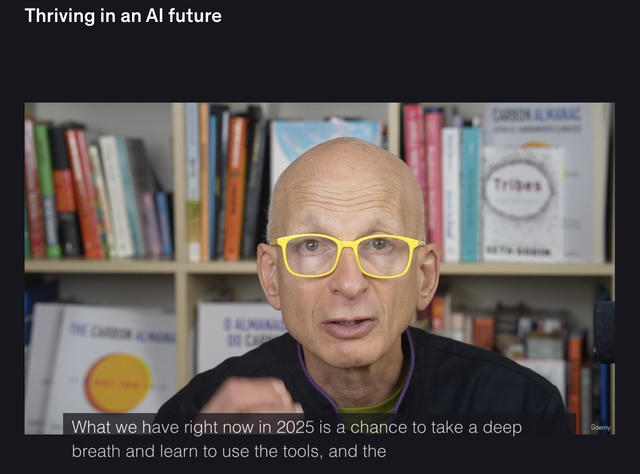 Screenshot of Seth Godin in a video on Udemy, in front of a bookshelf with books, explaining some concept.