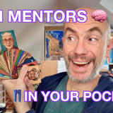 Constantin, smiling at the camera while holding a fan of colorful illustrated cards featuring one with a cartoon version of Seth Godin. Text overlay reads: “52 AI MENTORS IN YOUR POCKET!” The setting appears to be a home office with bookshelves visible in the background.
