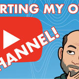 A Thumbnail image with text ‘STARTING MY OWN CHANNEL!’ in large white letters with red outline on a blue background, featuring a large red YouTube play button icon and a cartoon illustration of Constantin in the bottom right corner looking thoughtful.