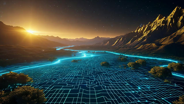A futuristic landscape featuring a glowing neon blue digital grid flowing like a river through a vast valley surrounded by golden-lit mountains. The grid pattern illuminates with cyan electric lines against dark terrain, with scattered rocks and golden vegetation visible along the valley floor. A bright sun sets on the horizon, casting warm golden light across jagged mountain peaks, while stars dot the darkening sky above. The scene blends natural mountain terrain with digital technology aesthetics.