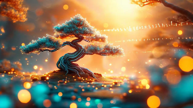 A surreal digital garden where intricate code structures elegantly transform into growing plants. Old code blocks gracefully crumble into luminous particles, seamlessly reforming into new, refined structures. Tiny, detailed programmer robots meticulously tend to the transformation. Bonsai-like HTML trees evolve into more sophisticated forms, their leaves shimmering with embedded code snippets. The scene is bathed in soft morning light with a subtle lens flare, casting a dreamy atmosphere. Teal and amber color accents enhance the ethereal quality. The composition is harmonious and uncluttered, evoking a sense of wonder and innovation. In the style of digital surrealism with influences from contemporary digital art and futuristic aesthetics.