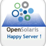 OpenSolaris logo made of colored circles above a circuit board graphic, with text reading “OpenSolaris Happy Server!