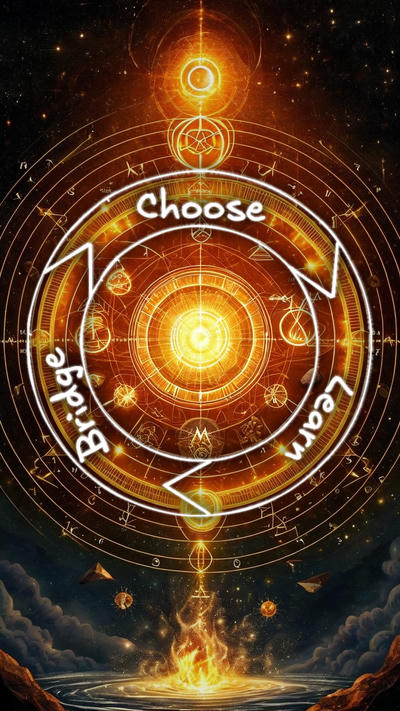 A mystical cosmic scene featuring large glowing circular magical symbols and geometric patterns in golden-orange light against a starry night sky. In the center is a bright radiant orb surrounded by concentric circles containing arcane symbols and text including the words 'Choose', 'Bright', and 'Learn' arranged in a triangular pattern. Below the celestial display is a landscape with clouds and what appears to be a flame or energy source emanating upward. The overall aesthetic combines fantasy, astronomy, and occult symbolism with warm golden lighting effects.