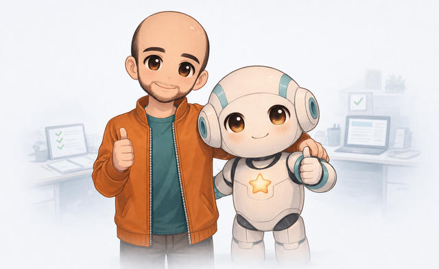 A Chibi-style cartoon illustration of Constantin as a smiling man with a beard wearing an orange jacket and teal shirt, standing next to a small white robot with blue accents and a yellow star on its chest. Both characters are giving thumbs up gestures. In the background, faded office elements including laptops, tablets, and checkmark icons are visible, suggesting a technology or productivity theme.