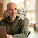 Constantin wearing an olive green zip-up jacket sits at a wooden desk with a laptop, smiling at the camera. Next to him is a cute Chibi-style cartoon illustration of a small robot character with a round head, large eyes, and a gold star on its chest. The desk also features stacked books, a mug, and bottles in the background, with warm natural light coming through windows behind him.