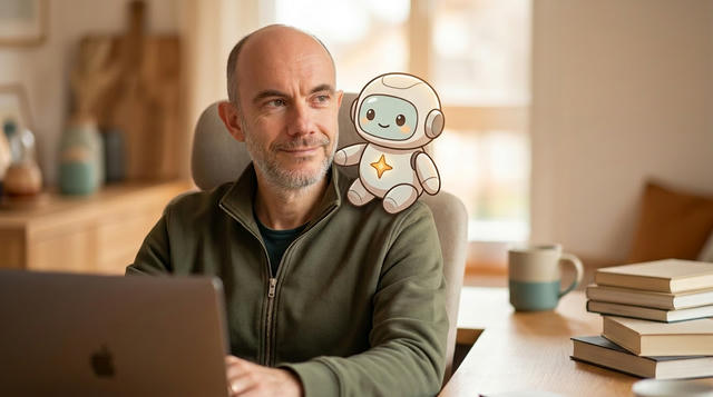 Constantin wearing an olive green zip-up jacket sits at a wooden desk with a laptop, smiling at the camera. Next to him is a cute Chibi-style cartoon illustration of a small robot character with a round head, large eyes, and a gold star on its chest. The desk also features stacked books, a mug, and bottles in the background, with warm natural light coming through windows behind him.