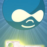 The Drupal droplet logo with a smiling face sits above a glowing gold house key on a blue starburst background.