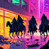 Four hooded figures in dark robes riding horses through a destroyed modern city street at night. The scene is illuminated by vibrant neon lighting in pink, purple, and orange hues from damaged storefronts and buildings. Debris and rubble are scattered across the wet pavement, creating an apocalyptic cyberpunk atmosphere.
