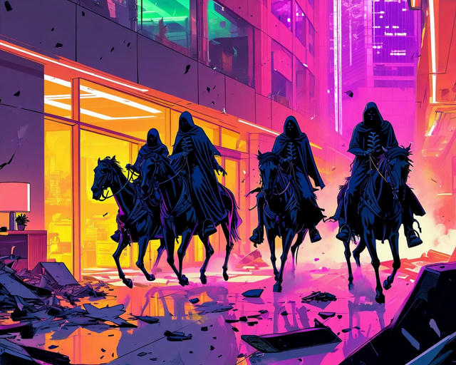 Four hooded figures in dark robes riding horses through a destroyed modern city street at night. The scene is illuminated by vibrant neon lighting in pink, purple, and orange hues from damaged storefronts and buildings. Debris and rubble are scattered across the wet pavement, creating an apocalyptic cyberpunk atmosphere.