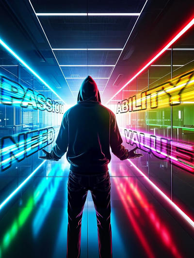 A hooded figure stands in a futuristic corridor with their back to the viewer, surrounded by streaks of neon light in blue, red, yellow, and green colors. Text reading 'PASSION,' 'ABILITY,' 'NEED,' and 'VALUE' appears to float in the illuminated space around them, creating a dynamic, cyberpunk-style scene with motion blur effects.