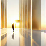 A lone figure walks through a minimalist architectural space with illuminated vertical golden panels and columns, their silhouette reflected on the polished white floor, creating a sense of scale and ethereal atmosphere with warm backlighting.