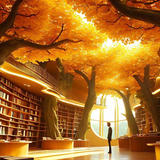 A magical library interior with towering curved bookshelves reaching up to a ceiling covered in golden autumn leaves, warm ambient lighting, and a silhouetted person standing before a large circular window that floods the space with golden light