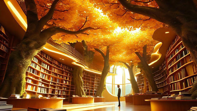 A magical library interior with towering curved bookshelves reaching up to a ceiling covered in golden autumn leaves, warm ambient lighting, and a silhouetted person standing before a large circular window that floods the space with golden light