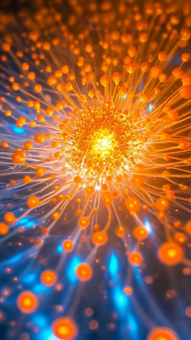 A brilliant explosion of light radiating outward from a bright central core, with golden-orange spherical particles and energy beams streaming in all directions against a deep blue background, creating a starburst or cosmic burst effect.