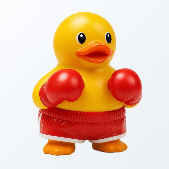 A cheerful yellow rubber duck toy wearing red boxing gloves and red shorts with a white waistband, standing upright against a white background. The duck has large black eyes with white highlights, an orange beak, and orange feet.