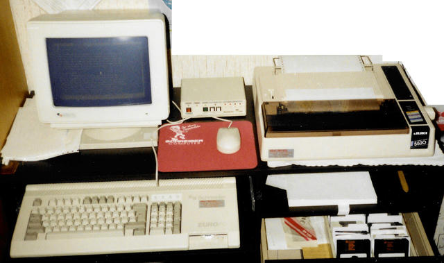 Schneider EuroPC with monochrome monitor MM12 and Juki 5520 9-dot color printer.