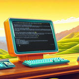 A retro-futuristic computer setup on a wooden desk featuring an orange and teal monitor displaying code on a dark terminal screen, accompanied by a matching keyboard and what appears to be a vintage gaming controller or input device. The scene is set against a vibrant, stylized landscape with rolling green hills, mountains, and a golden-yellow sky with white clouds, creating a nostalgic blend of technology and nature in an illustrative art style.