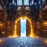 Interior of a grand steampunk-gothic cathedral with ornate wooden architecture, glowing brass gears and mechanical details on the walls, illuminated by golden lights and lanterns. A massive arched doorway in the center glows with bright golden light and is framed with ornamental designs. Stained glass windows with colorful patterns are visible at the top, and a bright blue sky shines through the open doors, creating a dramatic contrast with the warm interior lighting. The floor features an intricate geometric stone pattern.
