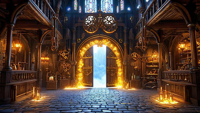 Interior of a grand steampunk-gothic cathedral with ornate wooden architecture, glowing brass gears and mechanical details on the walls, illuminated by golden lights and lanterns. A massive arched doorway in the center glows with bright golden light and is framed with ornamental designs. Stained glass windows with colorful patterns are visible at the top, and a bright blue sky shines through the open doors, creating a dramatic contrast with the warm interior lighting. The floor features an intricate geometric stone pattern.