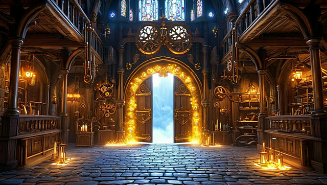 Interior of a grand steampunk-gothic cathedral with ornate wooden architecture, glowing brass gears and mechanical details on the walls, illuminated by golden lights and lanterns. A massive arched doorway in the center glows with bright golden light and is framed with ornamental designs. Stained glass windows with colorful patterns are visible at the top, and a bright blue sky shines through the open doors, creating a dramatic contrast with the warm interior lighting. The floor features an intricate geometric stone pattern.