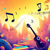 A surreal, colorful collage of musical instruments, notes, and music symbols.