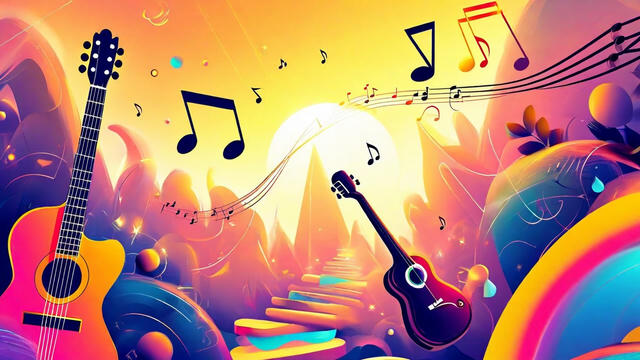 A surreal, colorful collage of musical instruments, notes, and music symbols.