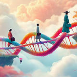A surreal artistic illustration showing three people in business attire walking across a large, colorful DNA double helix structure that serves as a bridge through a cloudy sky. The DNA strand displays vibrant rainbow colors including pink, orange, blue, and purple. Below, a small figure with an umbrella appears to be falling through the clouds. The scene has a dreamy, fantastical quality with soft pastel clouds in the background.