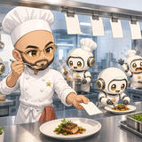 A bearded male chef wearing glasses, a white chef’s coat, and chef’s hat stands in a modern kitchen with modern kitchen appliances visible behind him. He holds a spoon in one hand and a recipe card in the other. Four small white robot assistants with round heads, yellow eyes, and gold accents wearing chef's hats stand around him, helping with cooking tasks. The kitchen features stainless steel countertops, hanging copper pans, open flames on the stove, fresh ingredients, and recipe cards clipped to an overhead rail. The scene depicts a futuristic collaborative cooking environment blending human expertise with robotic assistance.