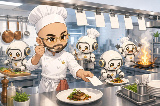 A bearded male chef wearing glasses, a white chef’s coat, and chef’s hat stands in a modern kitchen with modern kitchen appliances visible behind him. He holds a spoon in one hand and a recipe card in the other. Four small white robot assistants with round heads, yellow eyes, and gold accents wearing chef's hats stand around him, helping with cooking tasks. The kitchen features stainless steel countertops, hanging copper pans, open flames on the stove, fresh ingredients, and recipe cards clipped to an overhead rail. The scene depicts a futuristic collaborative cooking environment blending human expertise with robotic assistance.