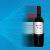 A red bottle of Casillero del Diablo Cabernet Sauvignon wine stands against a blue background with a red arrow icon beside it.