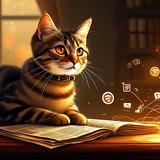 A tabby cat with striking amber eyes sits at a desk in warm, golden lighting, surrounded by an open book, stacked papers, and a glowing desk lamp. Digital icons representing WiFi, images, shopping, and other technology symbols float in the air around the cat, suggesting connectivity and digital communication. The scene is bathed in warm orange and yellow tones, with a window visible in the background showing an evening sky.