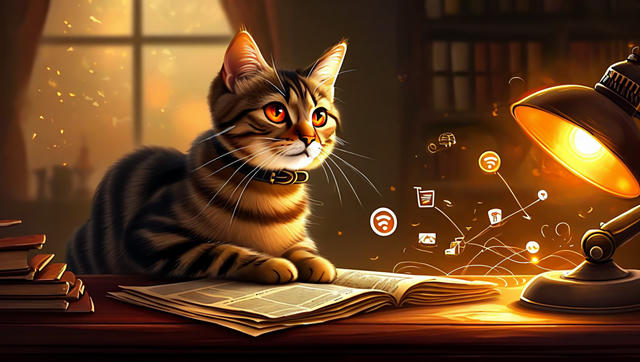 A tabby cat with striking amber eyes sits at a desk in warm, golden lighting, surrounded by an open book, stacked papers, and a glowing desk lamp. Digital icons representing WiFi, images, shopping, and other technology symbols float in the air around the cat, suggesting connectivity and digital communication. The scene is bathed in warm orange and yellow tones, with a window visible in the background showing an evening sky.