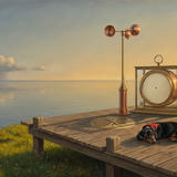 A painting of a small brass weather station on a wooden platform built into a grassy clifftop above a mirror-calm sea at golden hour. A copper cup anemometer stands beside a large brass barometer whose dial face is completely blank, and a compass rose is inlaid into the deck. A black-and-tan dachshund in a red polka-dot bandana sleeps beside them. Far away on the horizon, a single small rain squall falls from one isolated cloud.
