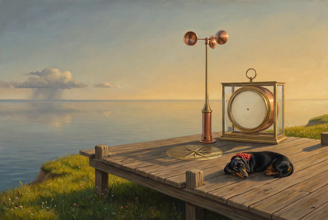 A painting of a small brass weather station on a wooden platform built into a grassy clifftop above a mirror-calm sea at golden hour. A copper cup anemometer stands beside a large brass barometer whose dial face is completely blank, and a compass rose is inlaid into the deck. A black-and-tan dachshund in a red polka-dot bandana sleeps beside them. Far away on the horizon, a single small rain squall falls from one isolated cloud.