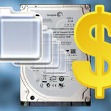 A Seagate laptop hard drive with layered translucent square icons and a large gold dollar sign overlaid on it.