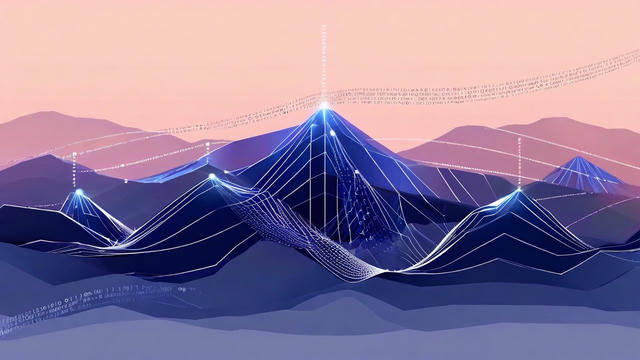 Abstract digital landscape with layered purple mountain silhouettes and flowing data streams of binary code and wireframe elements against a gradient sky, visualizing the intersection of technology and nature.