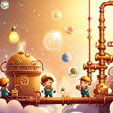 Whimsical steampunk factory scene with cartoon workers operating brass machinery among clouds and stars.