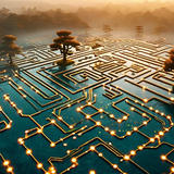 Illuminated circuit board maze floating on water at sunset, with glowing pathways connecting various nodes while trees emerge from the structure, symbolizing the intersection of technology and nature.