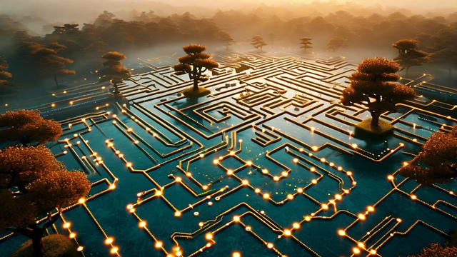 Illuminated circuit board maze floating on water at sunset, with glowing pathways connecting various nodes while trees emerge from the structure, symbolizing the intersection of technology and nature.