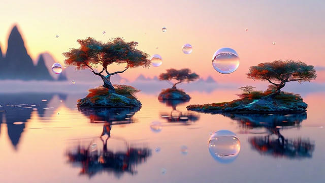 Surreal landscape with bonsai-like trees growing on small floating islands in calm water, their reflections creating perfect mirror images below. Translucent soap bubbles float through a soft pink and purple sunset sky, with distant mountains silhouetted in the background.