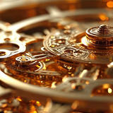 Close-up of an intricate mechanical watch movement with golden gears, springs, and components illuminated by warm ambient lighting.