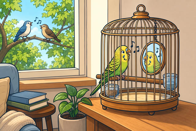 A cozy indoor scene showing a decorative brass birdcage with one yellow and green budgie inside, along with a mirror where the bird's reflection is visible, a water dish, and a perch. The cage sits on a wooden table next to a potted plant. To the left, a window overlooks trees with two birds perched on a branch singing. A stack of books and part of an armchair are visible in the foreground, and beige walls with vertical paneling complete the warm, homey setting.