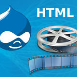 Drupal drop logo beside “HTML 5” text, a metal film reel, and an unspooling filmstrip on a blue background.