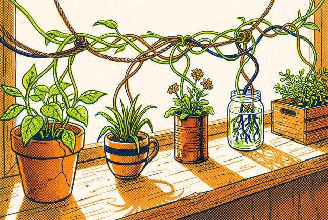 A screen-printed illustration of five mismatched pots on a sunlit windowsill — a cracked terracotta pot, a striped cup, a tin can, a rooting jar and a wooden crate. Their vines have grown across the gaps and knotted together into one braid above them, a few strands rope rather than plant.