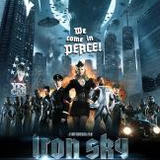Iron Sky movie poster showing costumed characters lined up beneath a fleet of flying saucers, with the tagline “We come in peace!