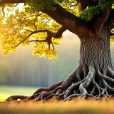 Majestic old tree with sprawling roots and golden sunlit canopy in a peaceful meadow setting.